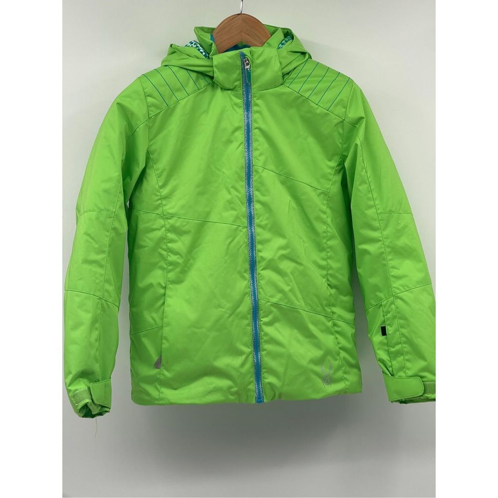 Spyder Ski Jacket Kids Size 14 Boys Girls Neon Green Hooded Snowboard Winter